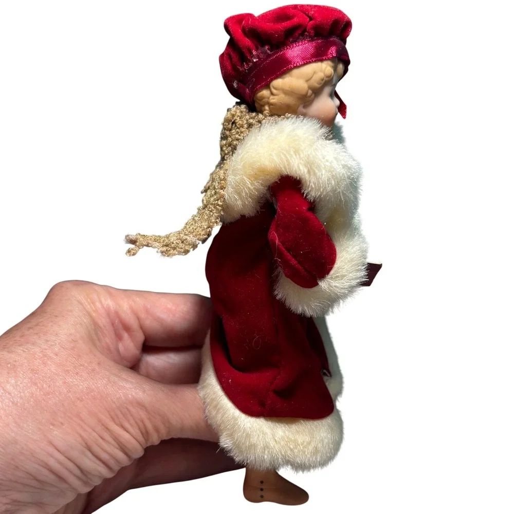 Christmas Ornament Red Velvet Victorian Caroler Porcelain Faux Fur Trim 6.5